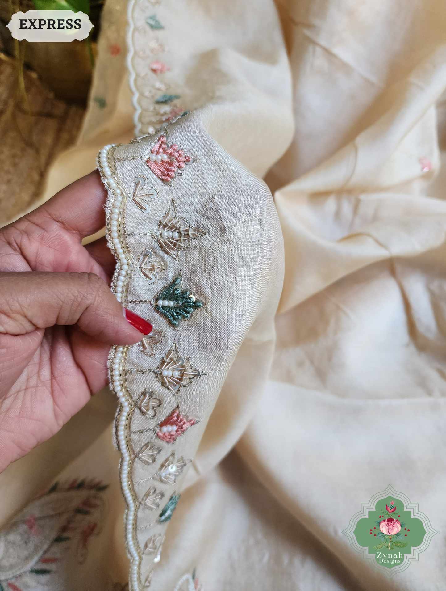 Zynah Ivory Pure Tussar Silk Saree With Zardosi, Pearls & Sequins Hand Embellishments With Resham Thread Embroidery; Custom Stitched/Ready-made Blouse, Fall, Petticoat; SKU: 2101202502
