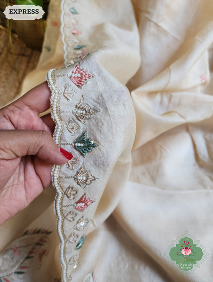 Zynah Ivory Pure Tussar Silk Saree With Zardosi, Pearls & Sequins Hand Embellishments With Resham Thread Embroidery; Custom Stitched/Ready-made Blouse, Fall, Petticoat; SKU: 2101202502
