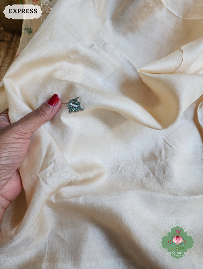 Zynah Ivory Pure Tussar Silk Saree With Zardosi, Pearls & Sequins Hand Embellishments With Resham Thread Embroidery; Custom Stitched/Ready-made Blouse, Fall, Petticoat; SKU: 2101202502