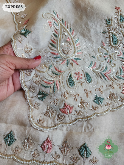 Zynah Ivory Pure Tussar Silk Saree With Zardosi, Pearls & Sequins Hand Embellishments With Resham Thread Embroidery; Custom Stitched/Ready-made Blouse, Fall, Petticoat; SKU: 2101202502