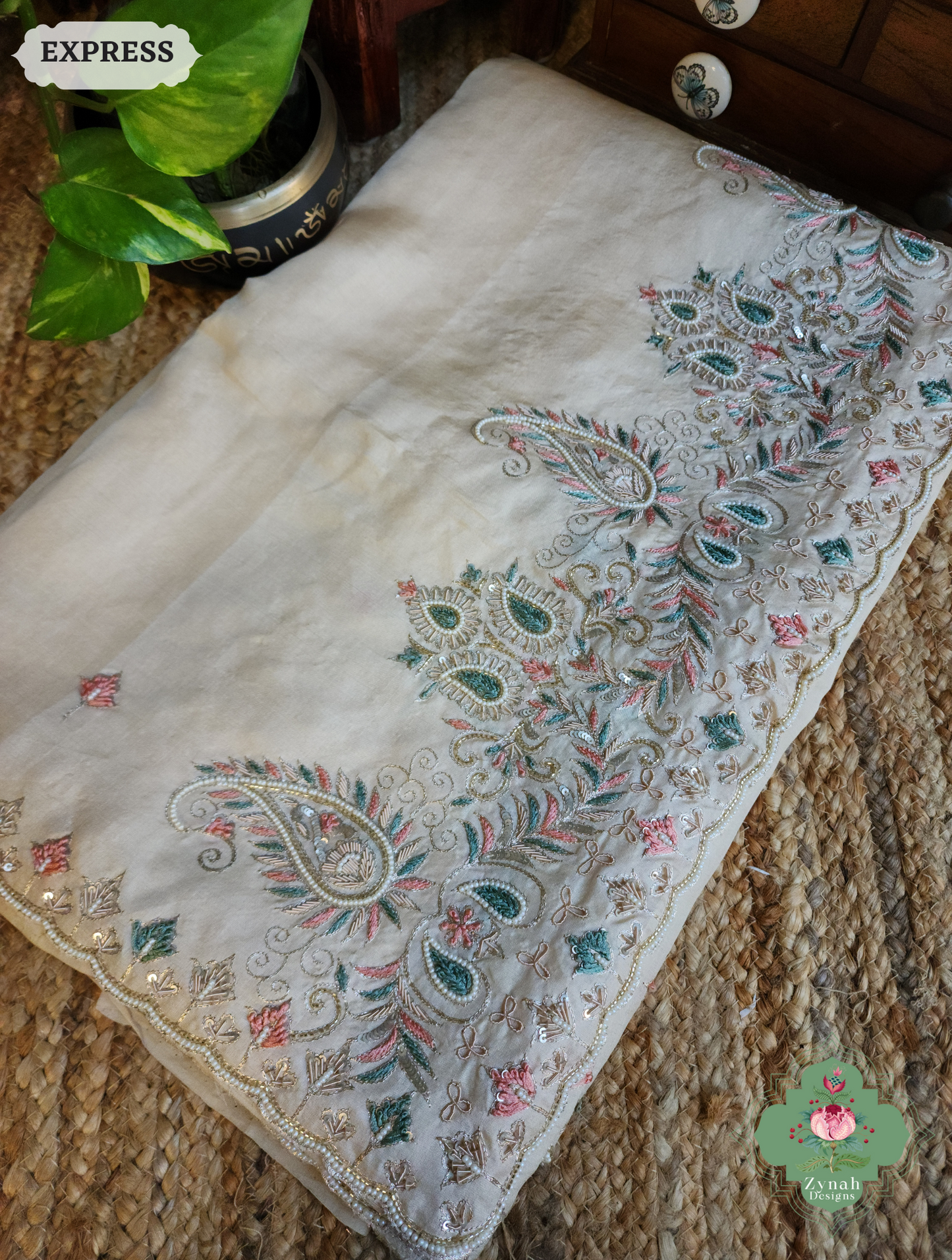 Zynah Ivory Pure Tussar Silk Saree With Zardosi, Pearls & Sequins Hand Embellishments With Resham Thread Embroidery; Custom Stitched/Ready-made Blouse, Fall, Petticoat; SKU: 2101202502
