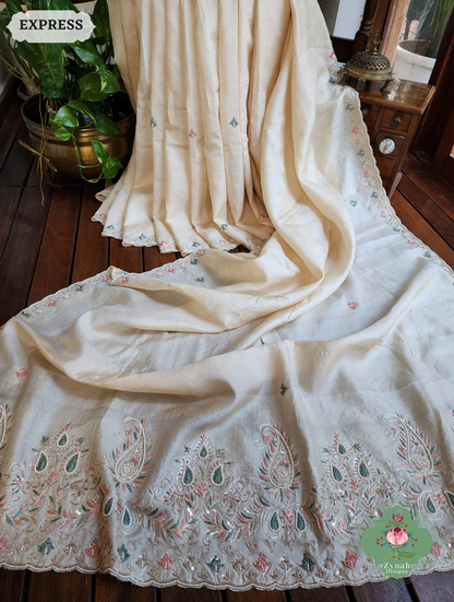 Zynah Ivory Pure Tussar Silk Saree With Zardosi, Pearls & Sequins Hand Embellishments With Resham Thread Embroidery; Custom Stitched/Ready-made Blouse, Fall, Petticoat; SKU: 2101202502