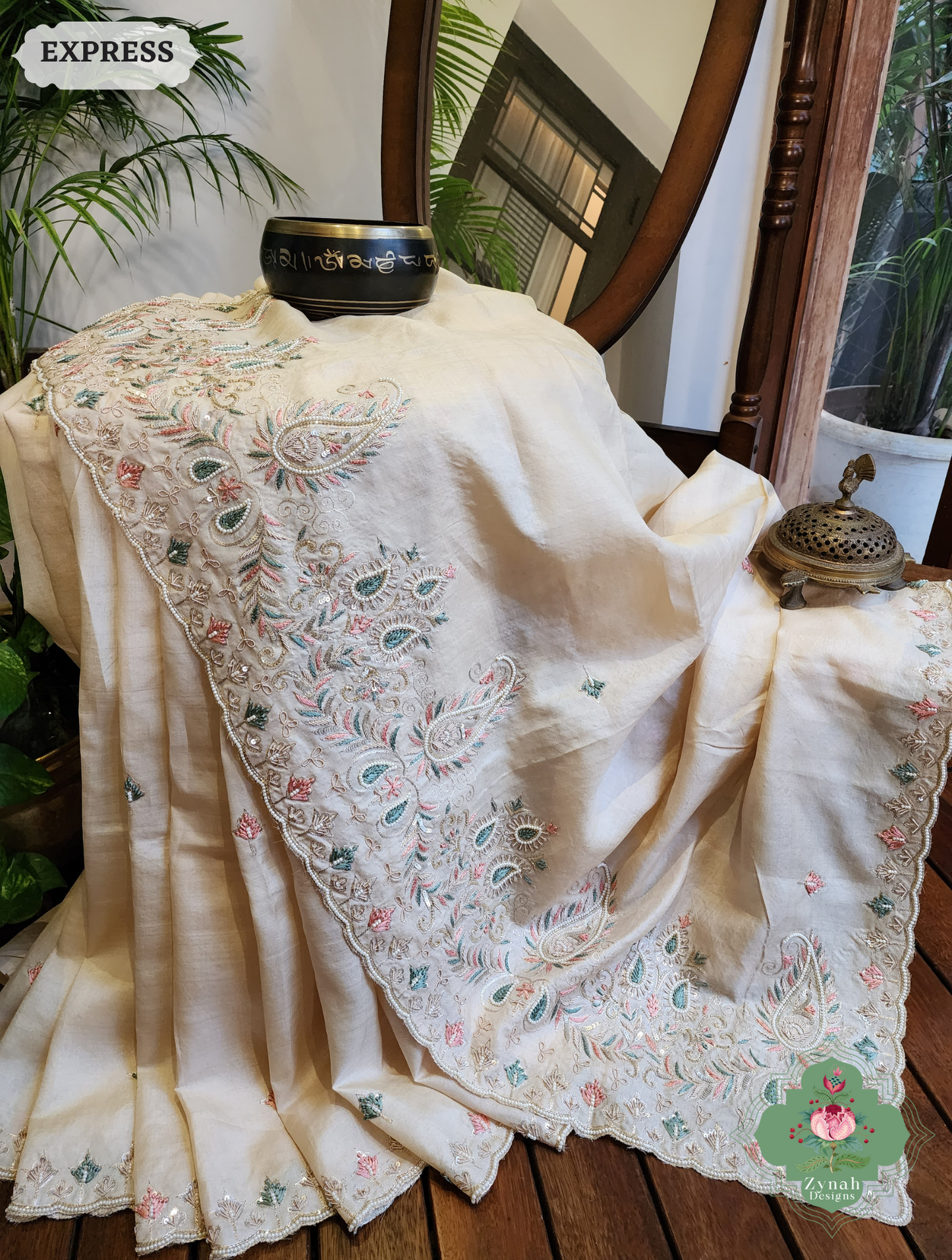 Zynah Ivory Pure Tussar Silk Saree With Zardosi, Pearls & Sequins Hand Embellishments With Resham Thread Embroidery; Custom Stitched/Ready-made Blouse, Fall, Petticoat; SKU: 2101202502