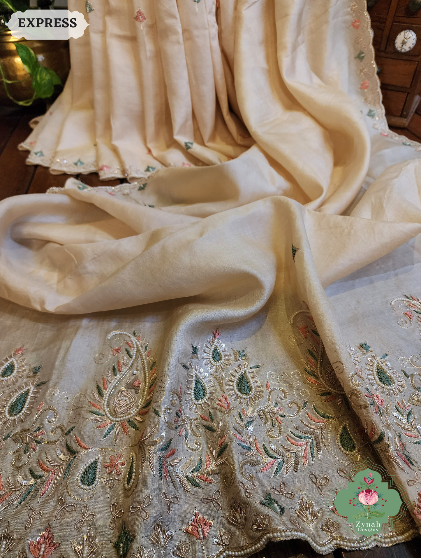 Zynah Ivory Pure Tussar Silk Saree With Zardosi, Pearls & Sequins Hand Embellishments With Resham Thread Embroidery; Custom Stitched/Ready-made Blouse, Fall, Petticoat; SKU: 2101202502