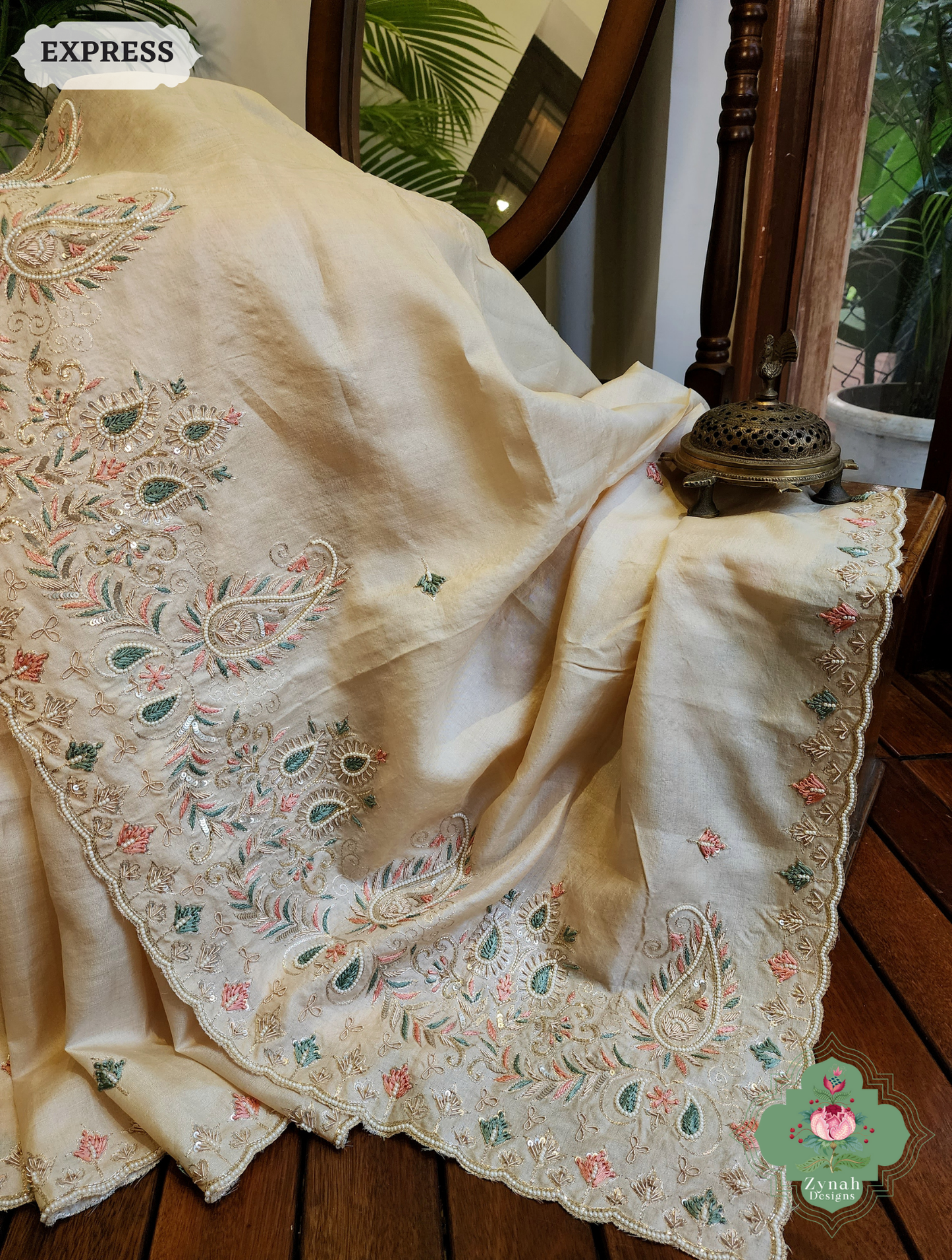 Zynah Ivory Pure Tussar Silk Saree With Zardosi, Pearls & Sequins Hand Embellishments With Resham Thread Embroidery; Custom Stitched/Ready-made Blouse, Fall, Petticoat; SKU: 2101202502
