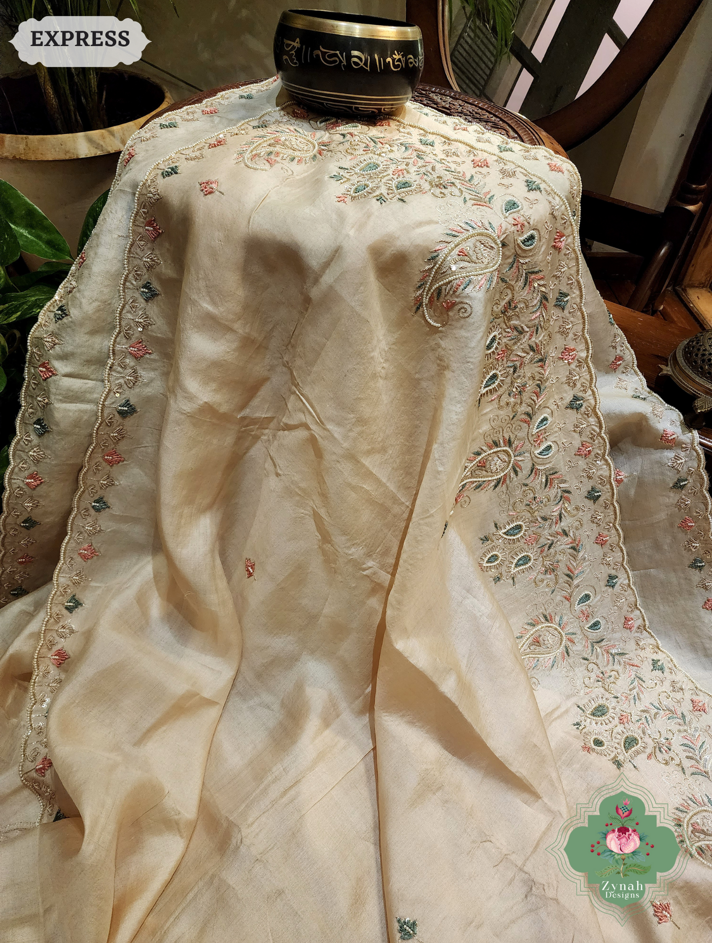 Zynah Ivory Pure Tussar Silk Saree With Zardosi, Pearls & Sequins Hand Embellishments With Resham Thread Embroidery; Custom Stitched/Ready-made Blouse, Fall, Petticoat; SKU: 2101202502