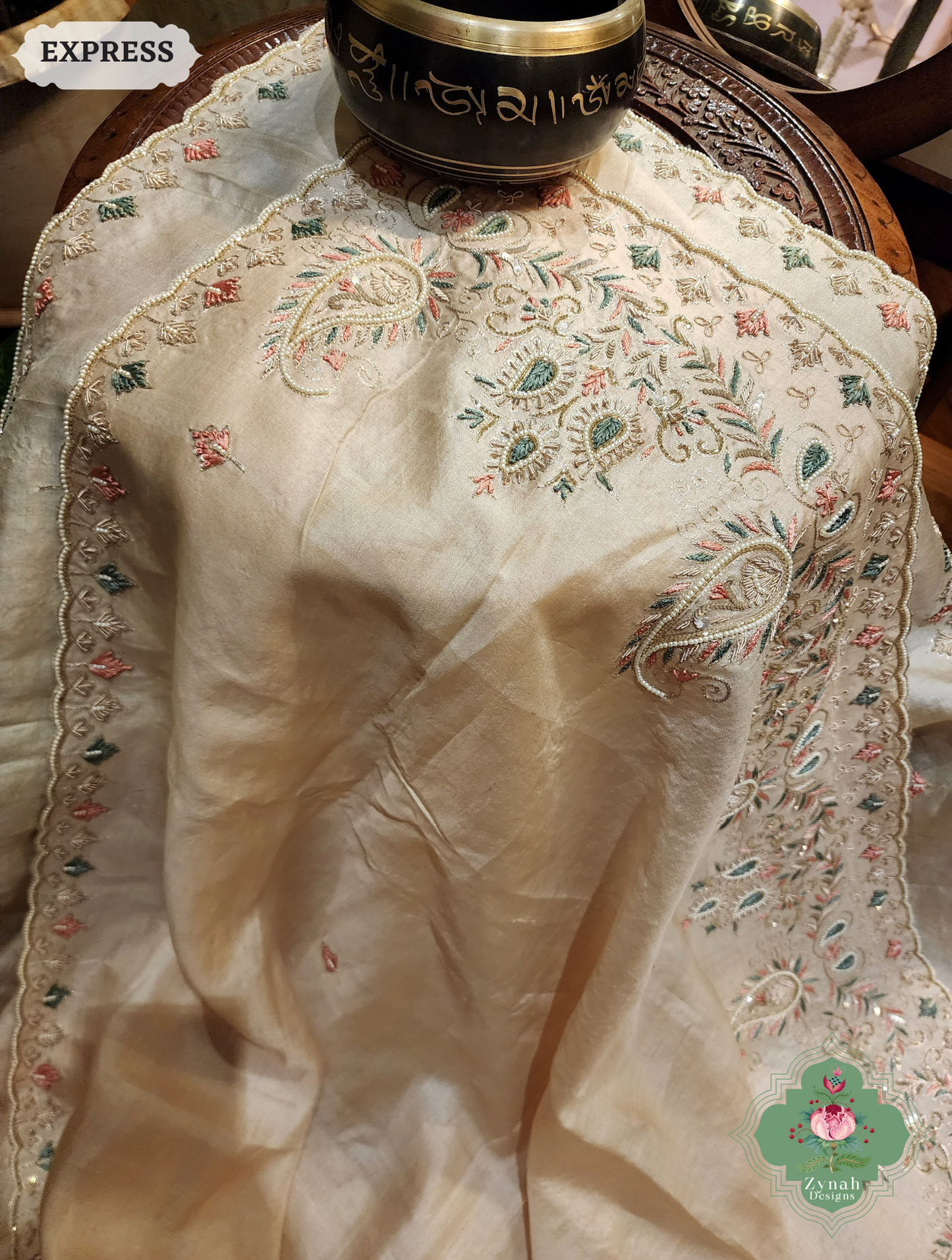 Zynah Ivory Pure Tussar Silk Saree With Zardosi, Pearls & Sequins Hand Embellishments With Resham Thread Embroidery; Custom Stitched/Ready-made Blouse, Fall, Petticoat; SKU: 2101202502