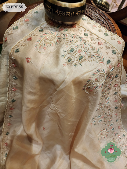 Zynah Ivory Pure Tussar Silk Saree With Zardosi, Pearls & Sequins Hand Embellishments With Resham Thread Embroidery; Custom Stitched/Ready-made Blouse, Fall, Petticoat; SKU: 2101202502
