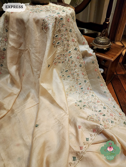Zynah Ivory Pure Tussar Silk Saree With Zardosi, Pearls & Sequins Hand Embellishments With Resham Thread Embroidery; Custom Stitched/Ready-made Blouse, Fall, Petticoat; SKU: 2101202502