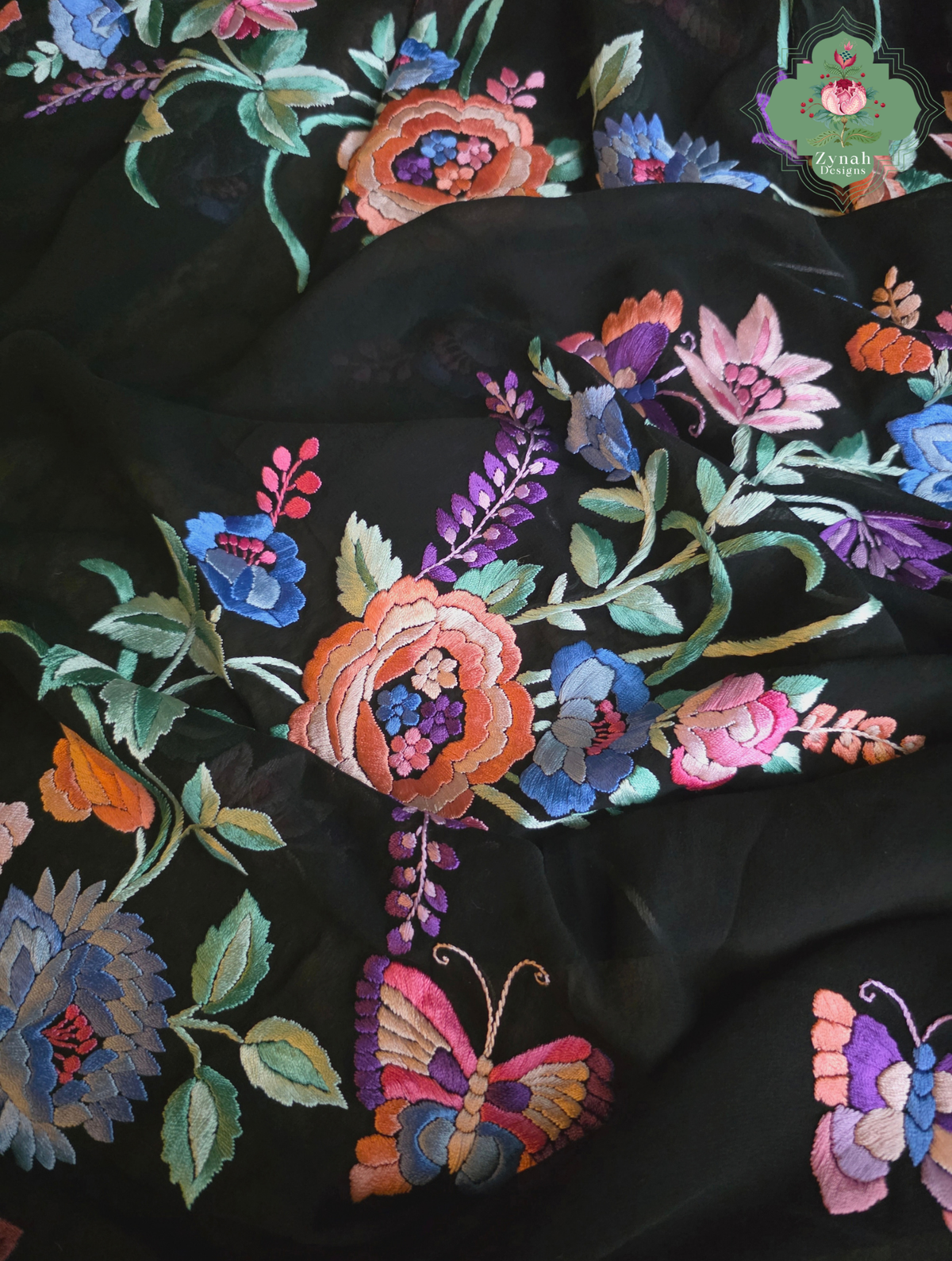 Kainoor | Black Pure Georgette Parsi Gara Saree Wtih Hand Embroidery | Made To Order