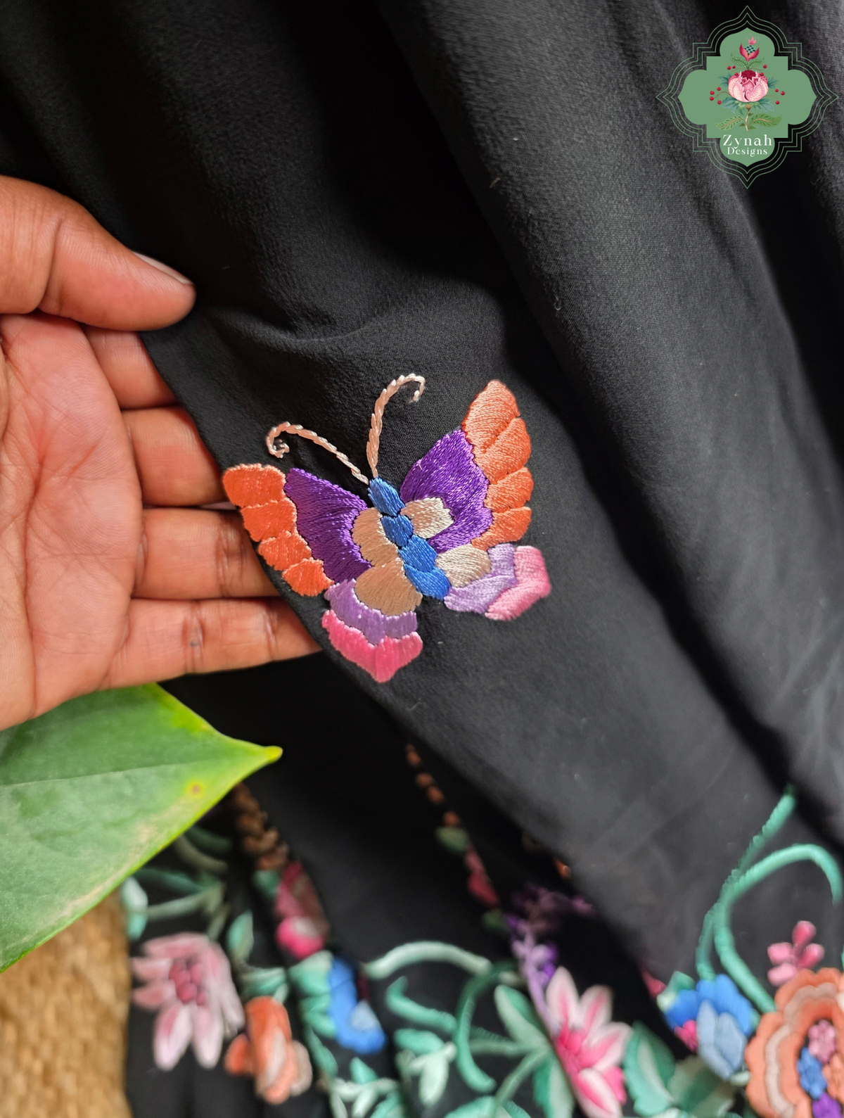 Kainoor | Black Pure Georgette Parsi Gara Saree Wtih Hand Embroidery | Made To Order