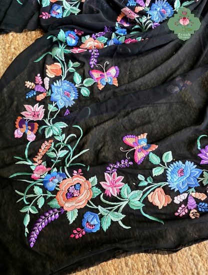 Kainoor | Black Pure Georgette Parsi Gara Saree Wtih Hand Embroidery | Made To Order