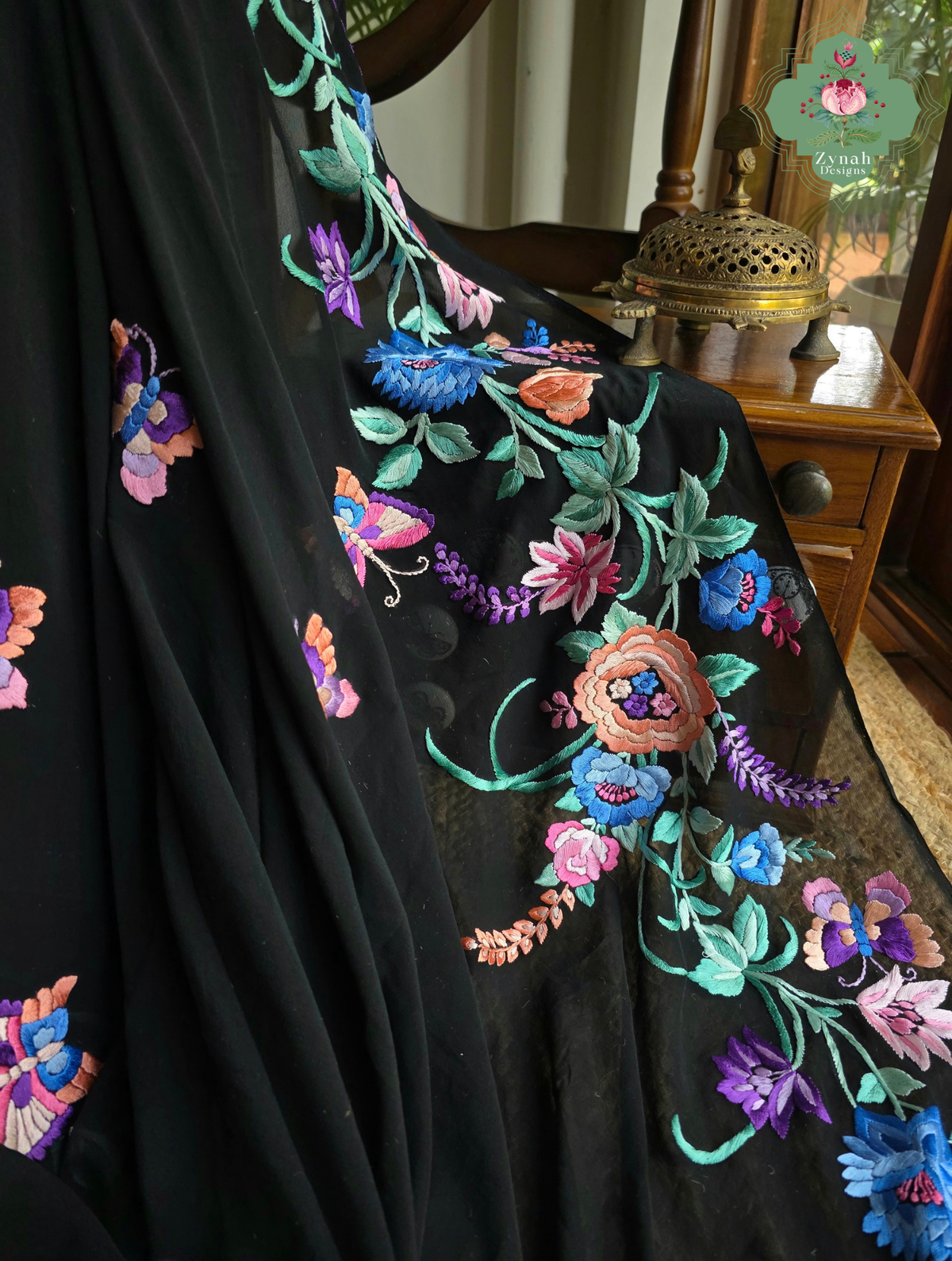 Kainoor | Black Pure Georgette Parsi Gara Saree Wtih Hand Embroidery | Made To Order
