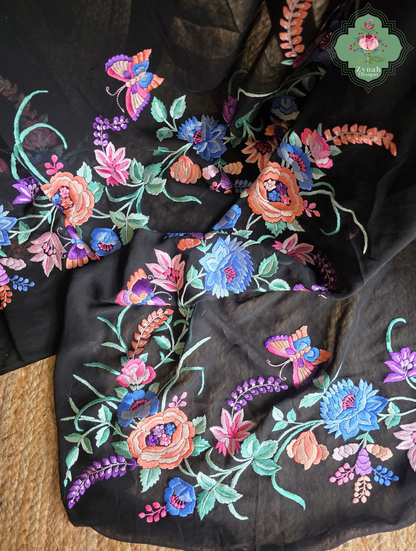 Kainoor | Black Pure Georgette Parsi Gara Saree Wtih Hand Embroidery | Made To Order