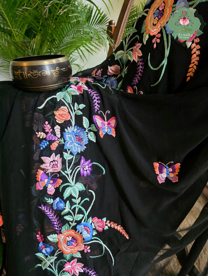 Kainoor | Black Pure Georgette Parsi Gara Saree Wtih Hand Embroidery | Made To Order