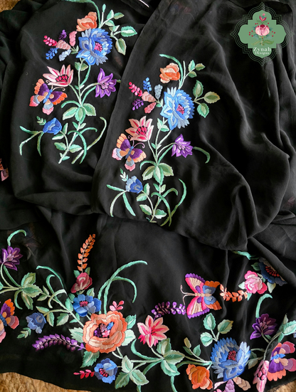 Kainoor | Black Pure Georgette Parsi Gara Saree Wtih Hand Embroidery | Made To Order
