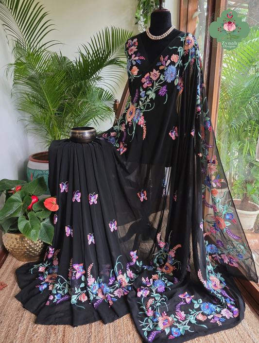 Kainoor | Black Pure Georgette Parsi Gara Saree Wtih Hand Embroidery