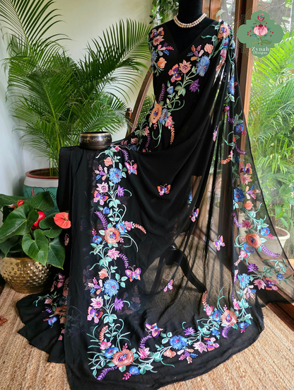 Kainoor | Black Pure Georgette Parsi Gara Saree Wtih Hand Embroidery | Made To Order