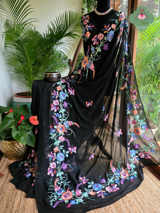 Kainoor | Black Pure Georgette Parsi Gara Saree Wtih Hand Embroidery