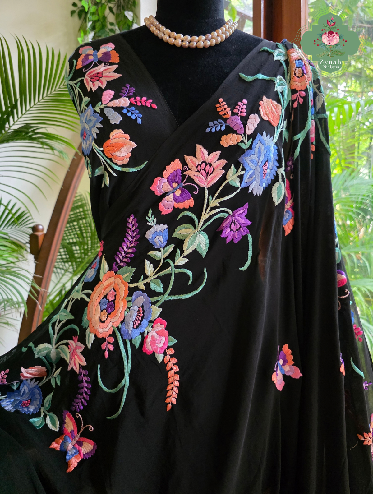 Kainoor | Black Pure Georgette Parsi Gara Saree Wtih Hand Embroidery | Made To Order
