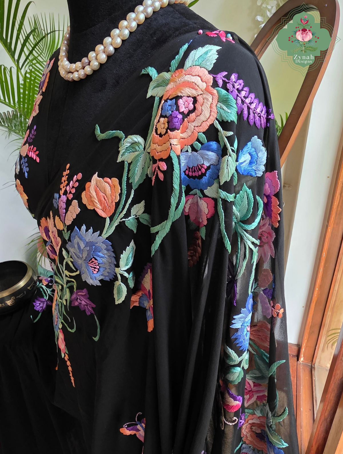 Kainoor | Black Pure Georgette Parsi Gara Saree Wtih Hand Embroidery | Made To Order