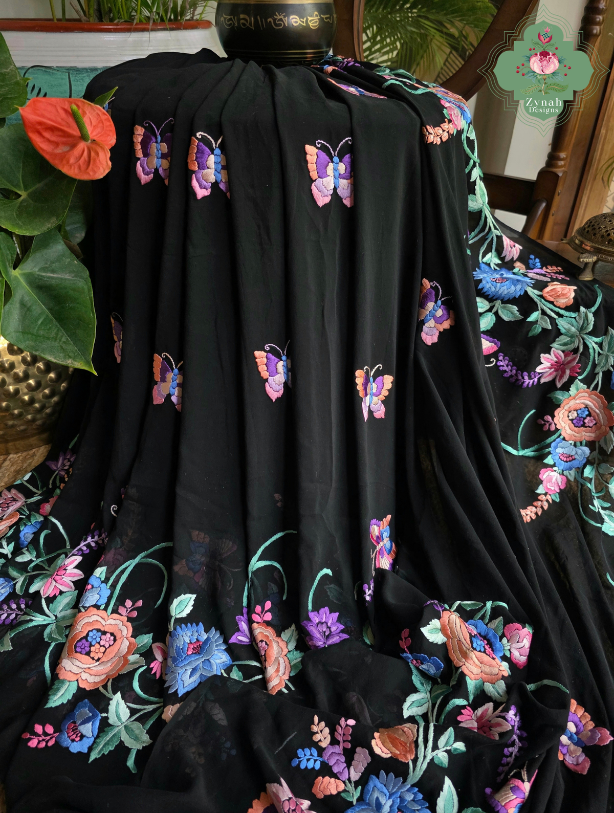 Kainoor | Black Pure Georgette Parsi Gara Saree Wtih Hand Embroidery | Made To Order