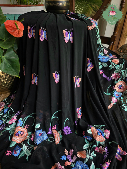 Kainoor | Black Pure Georgette Parsi Gara Saree Wtih Hand Embroidery | Made To Order