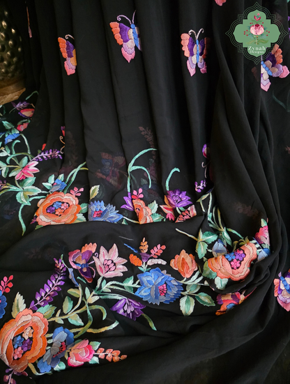 Kainoor | Black Pure Georgette Parsi Gara Saree Wtih Hand Embroidery | Made To Order