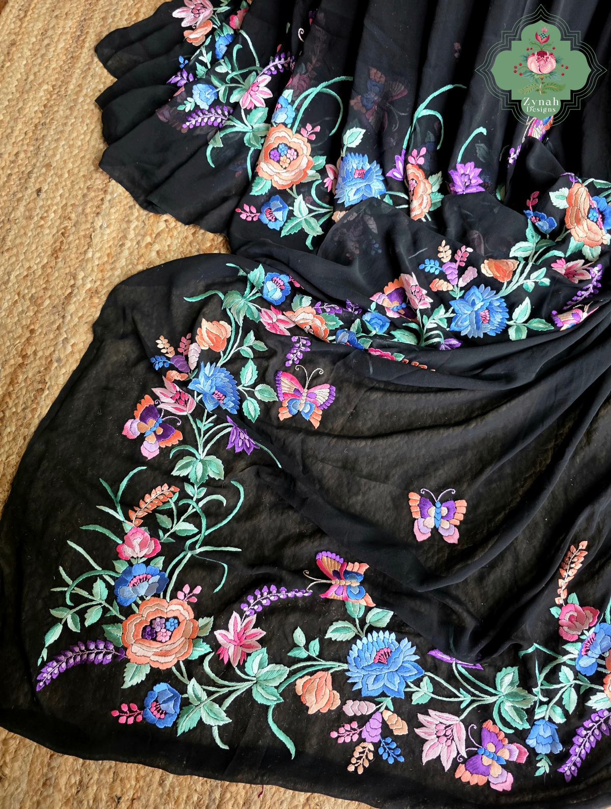 Kainoor | Black Pure Georgette Parsi Gara Saree Wtih Hand Embroidery | Made To Order