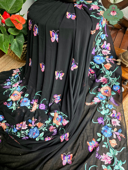 Kainoor | Black Pure Georgette Parsi Gara Saree Wtih Hand Embroidery | Made To Order