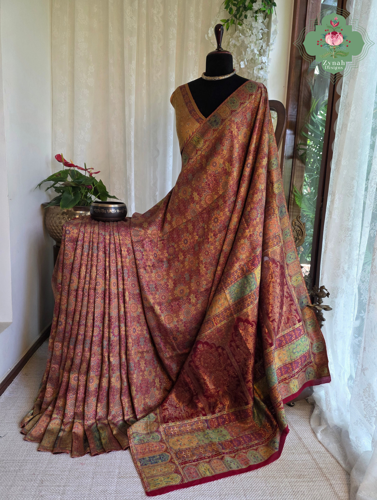 Kashmira | Dusty Rose Pink & Antique Gold Kashmiri Pure Kani Silk Jamavar Weave Saree | Made To Order