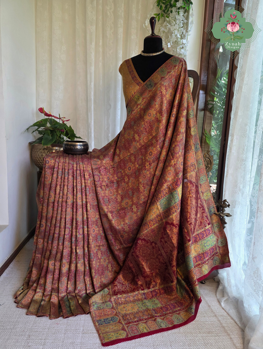 Kashmira | Dusty Rose Pink & Antique Gold Kashmiri Pure Kani Silk Jamavar Weave Saree | Made To Order