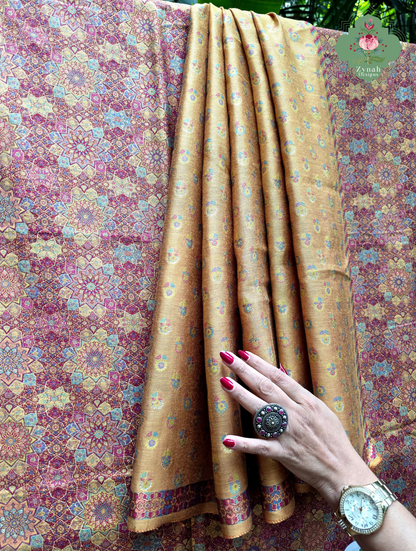 Kashmira | Dusty Rose Pink & Antique Gold Kashmiri Pure Kani Silk Jamavar Weave Saree | Made To Order