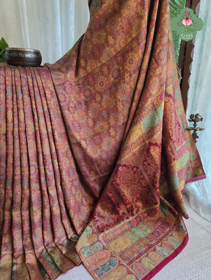 Kashmira | Dusty Rose Pink & Antique Gold Kashmiri Pure Kani Silk Jamavar Weave Saree | Made To Order