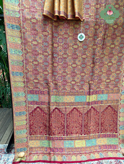 Kashmira | Dusty Rose Pink & Antique Gold Kashmiri Pure Kani Silk Jamavar Weave Saree | Made To Order