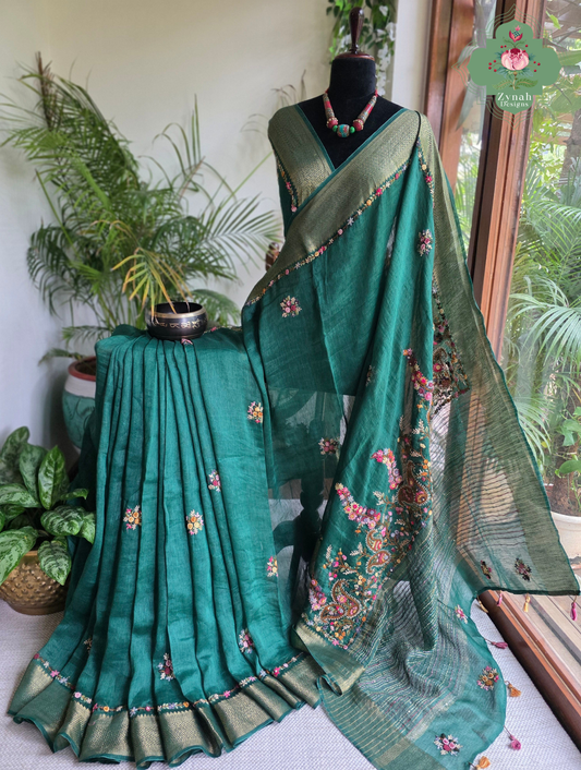 Kavya | Green Pure Silk Linen Saree With Hand Embroidery