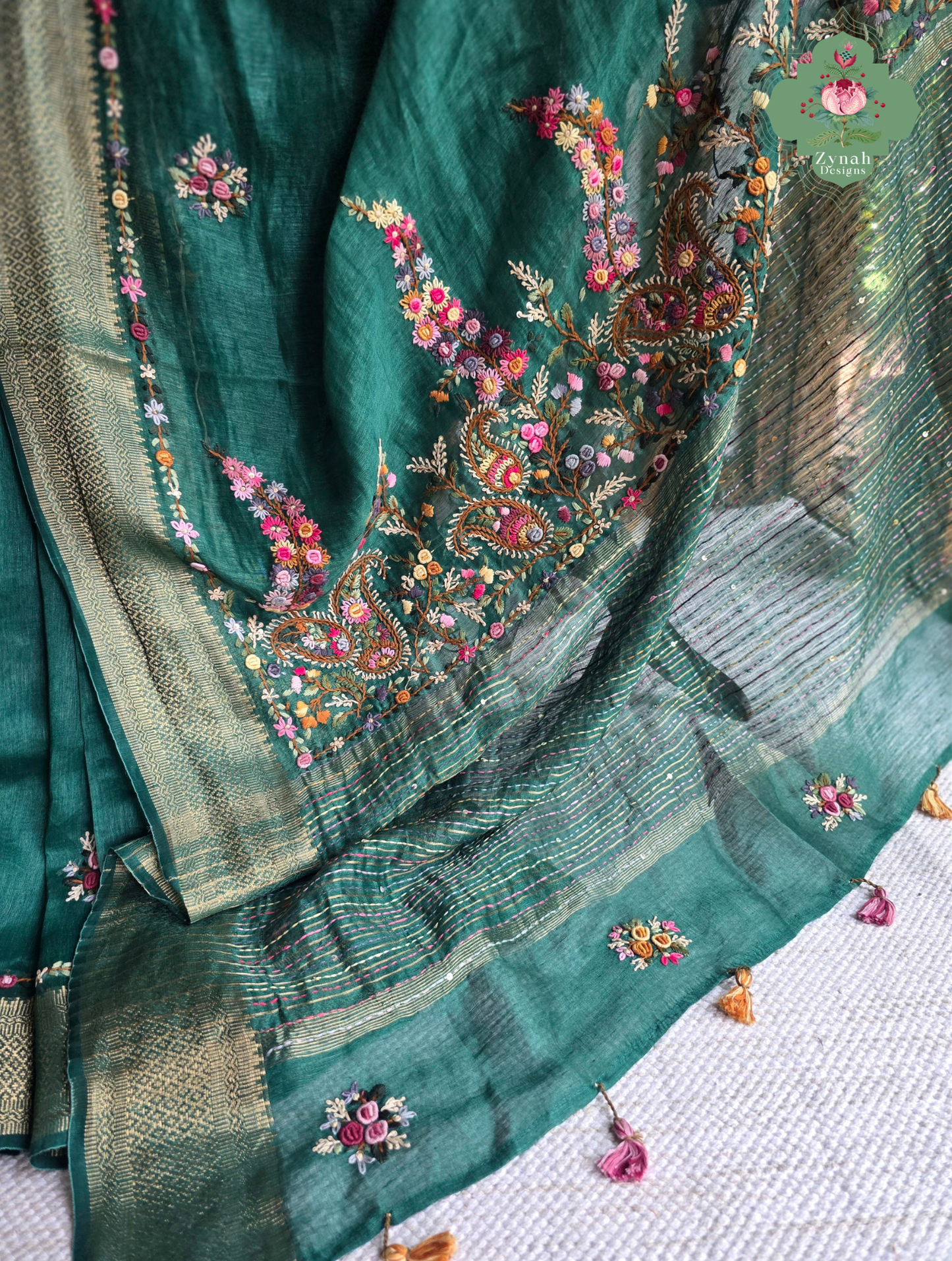 Kavya | Green Pure Silk Linen Saree With Hand Embroidery
