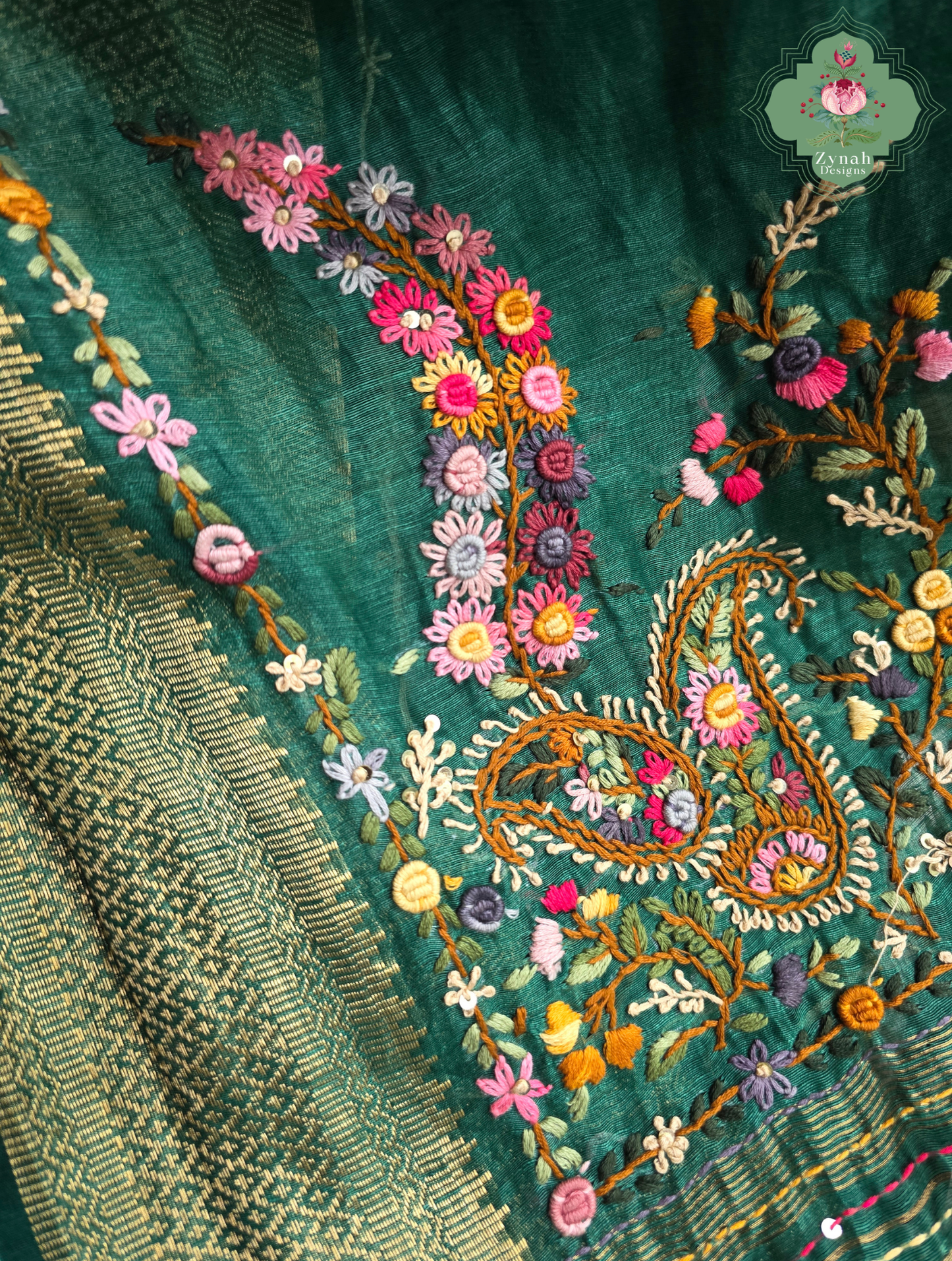 Kavya | Green Pure Silk Linen Saree With Hand Embroidery