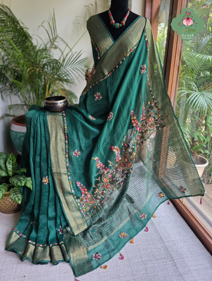 Kavya | Green Pure Silk Linen Saree With Hand Embroidery