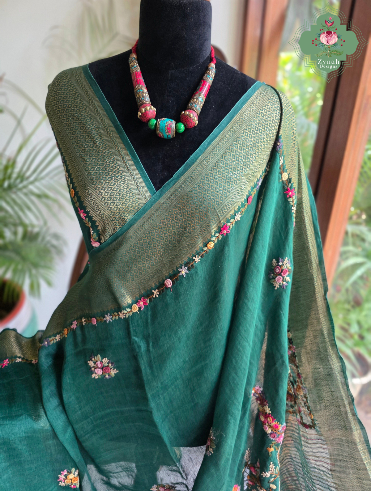 Kavya | Green Pure Silk Linen Saree With Hand Embroidery