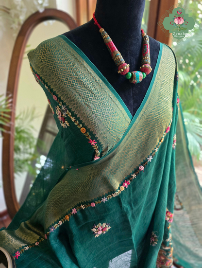 Kavya | Green Pure Silk Linen Saree With Hand Embroidery