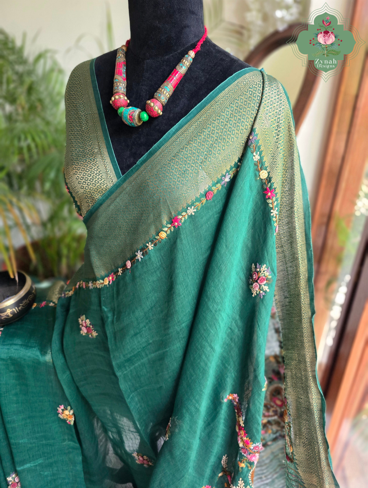 Kavya | Green Pure Silk Linen Saree With Hand Embroidery