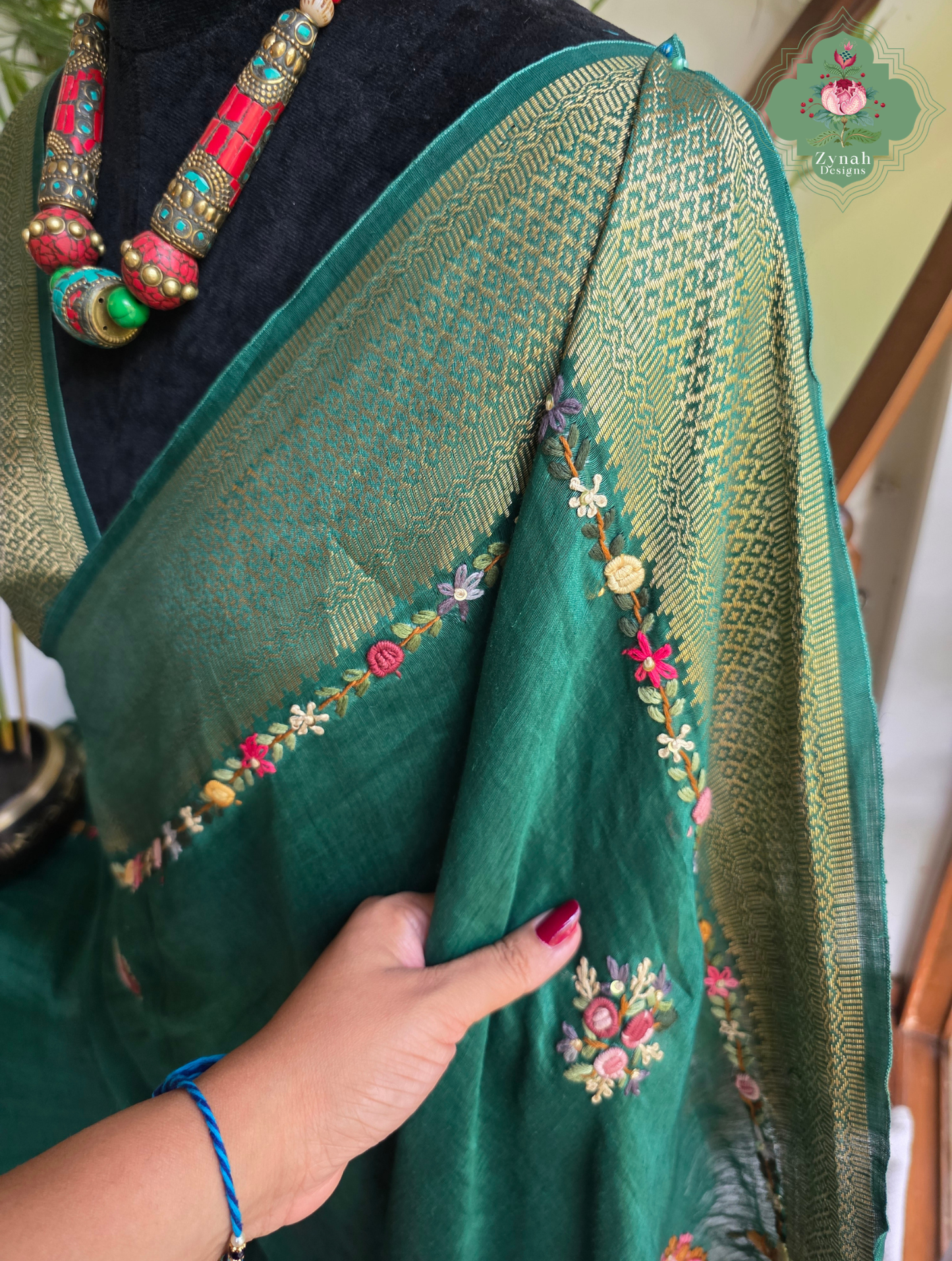 Kavya | Green Pure Silk Linen Saree With Hand Embroidery