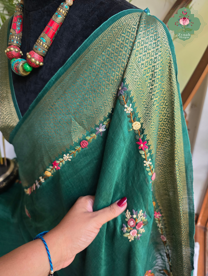 Kavya | Green Pure Silk Linen Saree With Hand Embroidery
