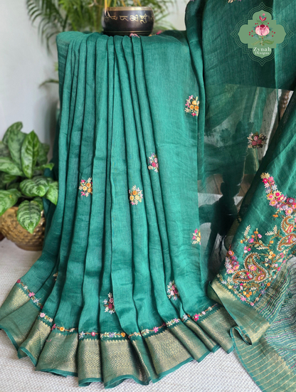 Kavya | Green Pure Silk Linen Saree With Hand Embroidery