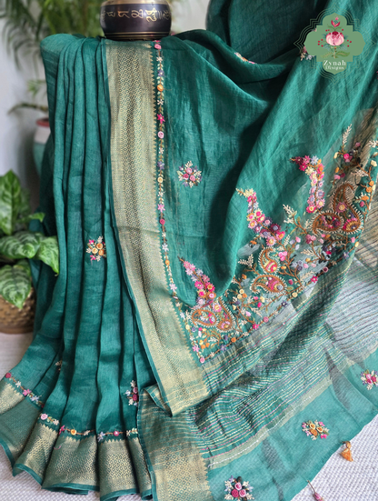 Kavya | Green Pure Silk Linen Saree With Hand Embroidery
