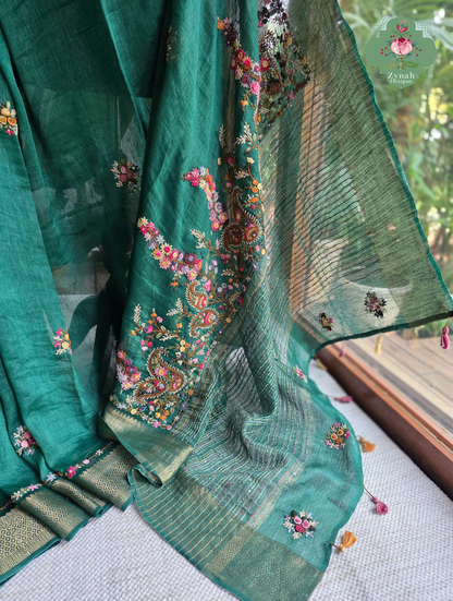 Kavya | Green Pure Silk Linen Saree With Hand Embroidery