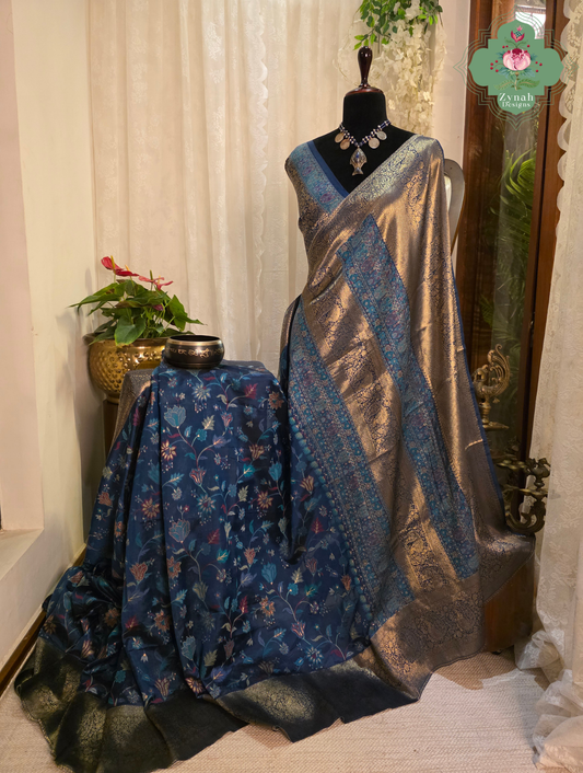 Kshama | Midnight Blue & Antique Gold Kashmiri Pure Kani Silk Jamavar Weave Saree | Made To Order