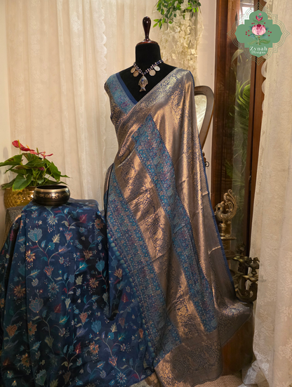 Kshama | Midnight Blue & Antique Gold Kashmiri Pure Kani Silk Jamavar Weave Saree | Made To Order