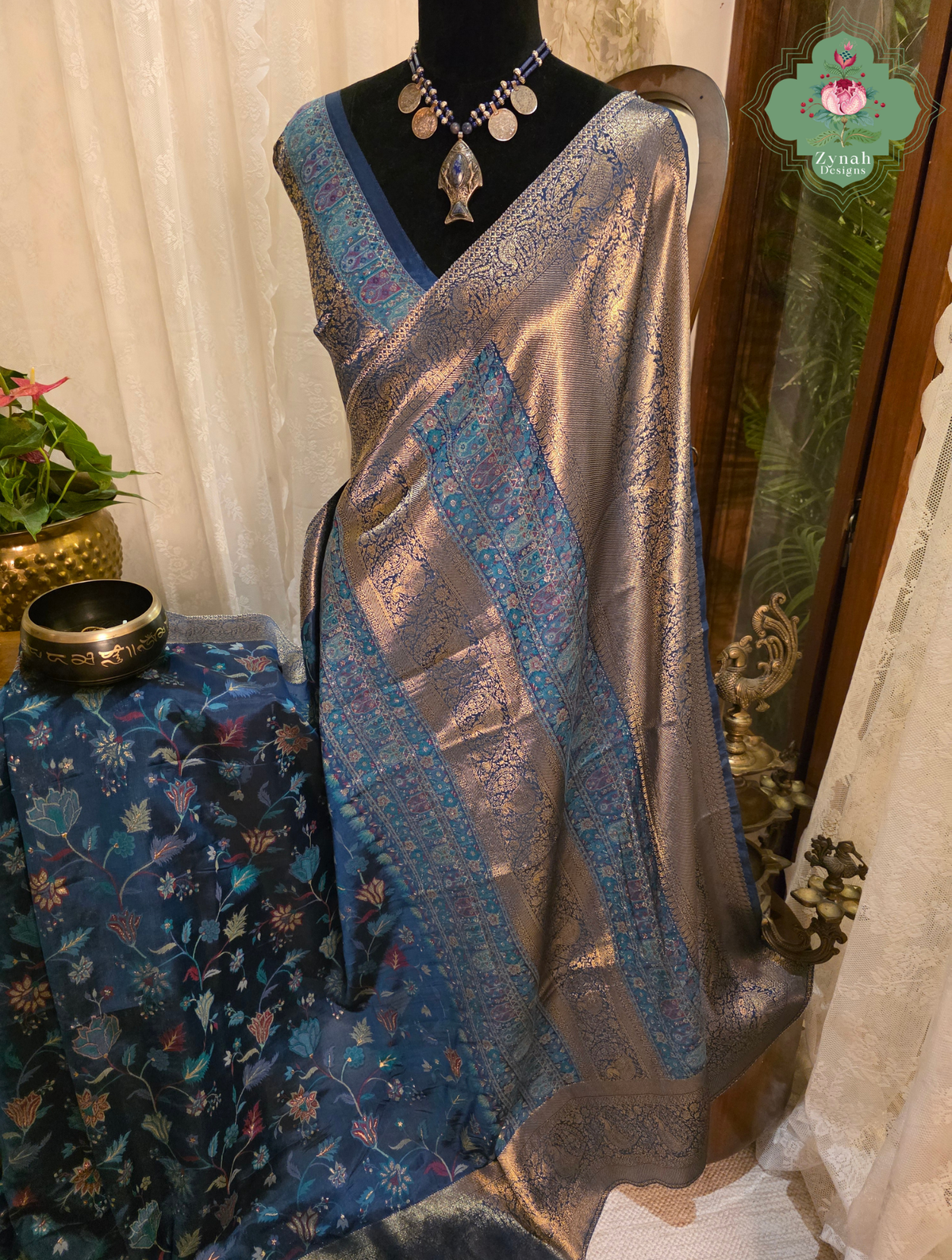 Kshama | Midnight Blue & Antique Gold Kashmiri Pure Kani Silk Jamavar Weave Saree | Made To Order